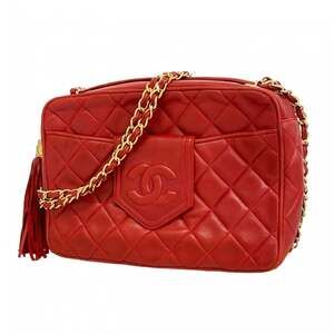 CHANEL Red Lambskin Leather Shoulder Bag